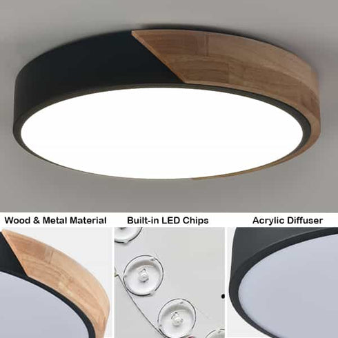 Modern Black and Wood LED Flush Mount Ceiling Light